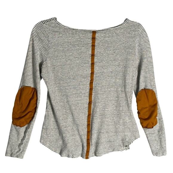 Sundance Sz S 100% Linen Striped Boat Neck Top Brown Elbow Patch Long Sleeve - Picture 2 of 8